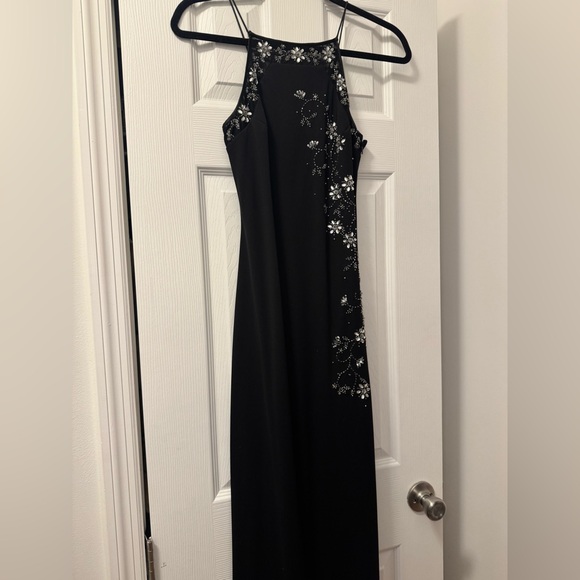 90s Black Evening Prom Dress High Neck Backless Strappy Beaded Size 4 Free Bag - Picture 3 of 12